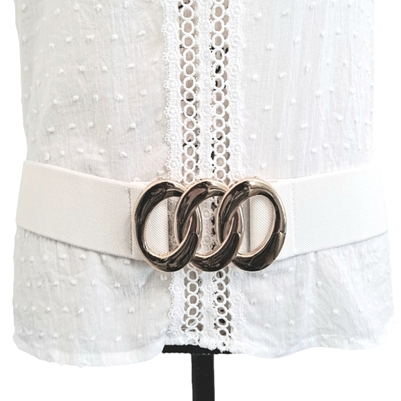 White wide corset elastic boho stretch waist belt triple Gold chain link - Picture 1 of 12